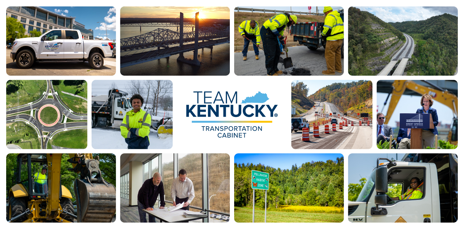 Team Kentucky Transportation Cabinet collage: KYTC crews repairing pavement and plowing snow, bridges and highways across the state, a work zone, a roundabout, and team members at work