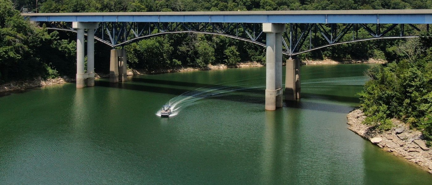 Concrete highway bridge crossing a lake surrounded by trees