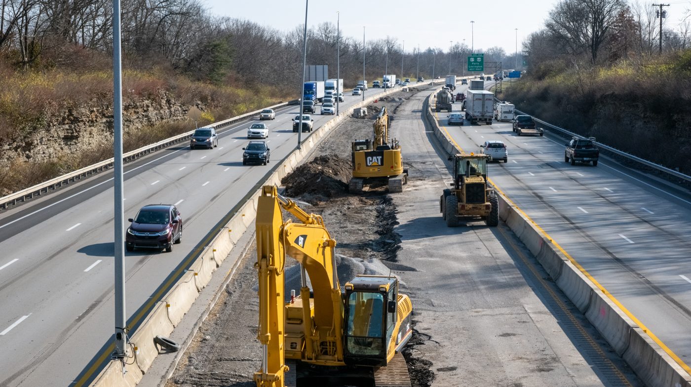 Excavators working in an interstate median as traffic passes on both sides